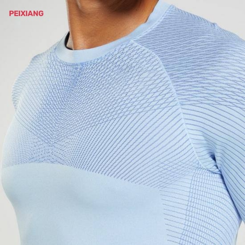 Custom men light blue long sleeve sports t-shirt shoulder texture detail