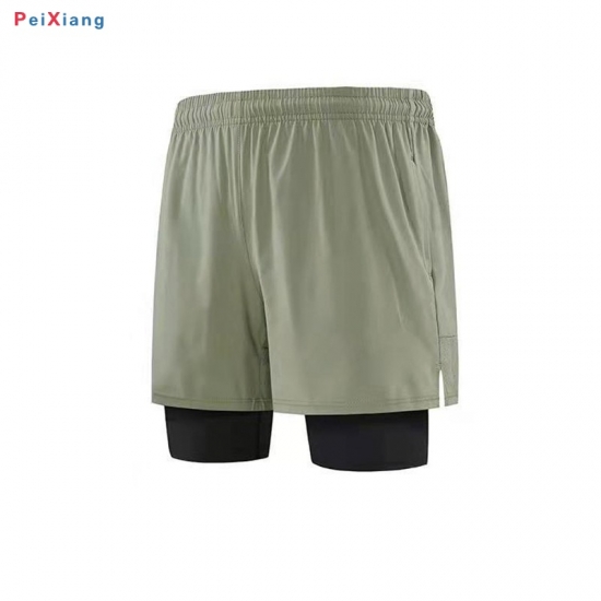 Men's olive green two-layer training shorts front view