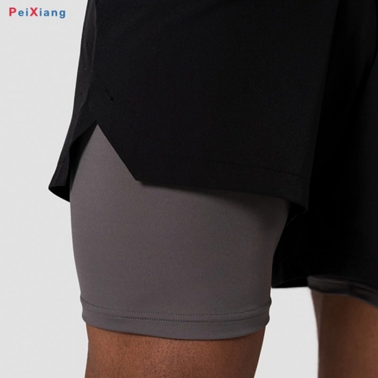 Black fitness training shorts two-layer detail