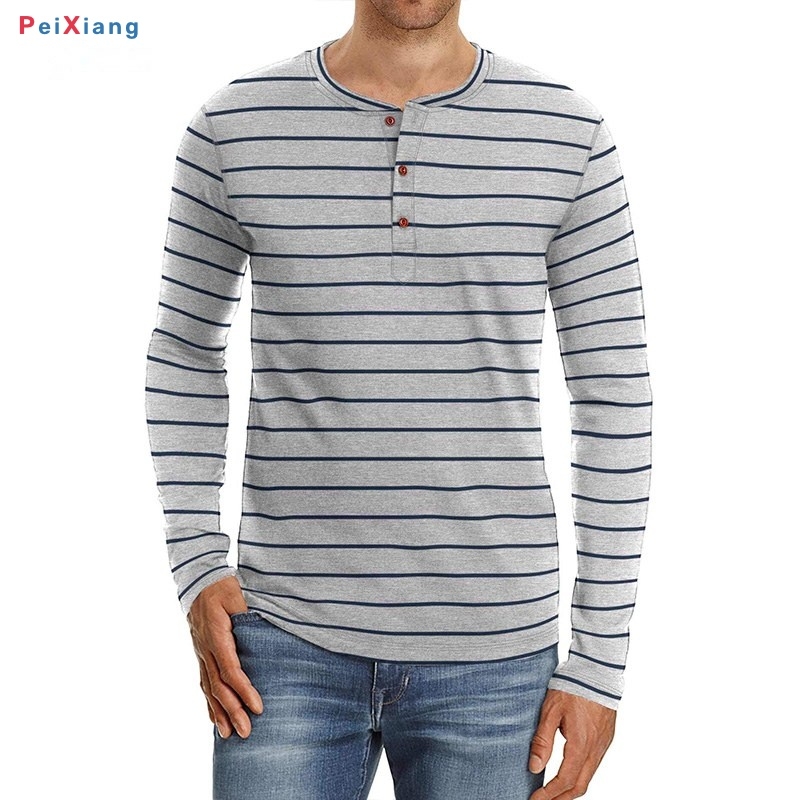 Men's grey white stripe long sleeve henley front fit