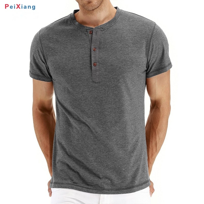 Men's grey short sleeve henley front fit